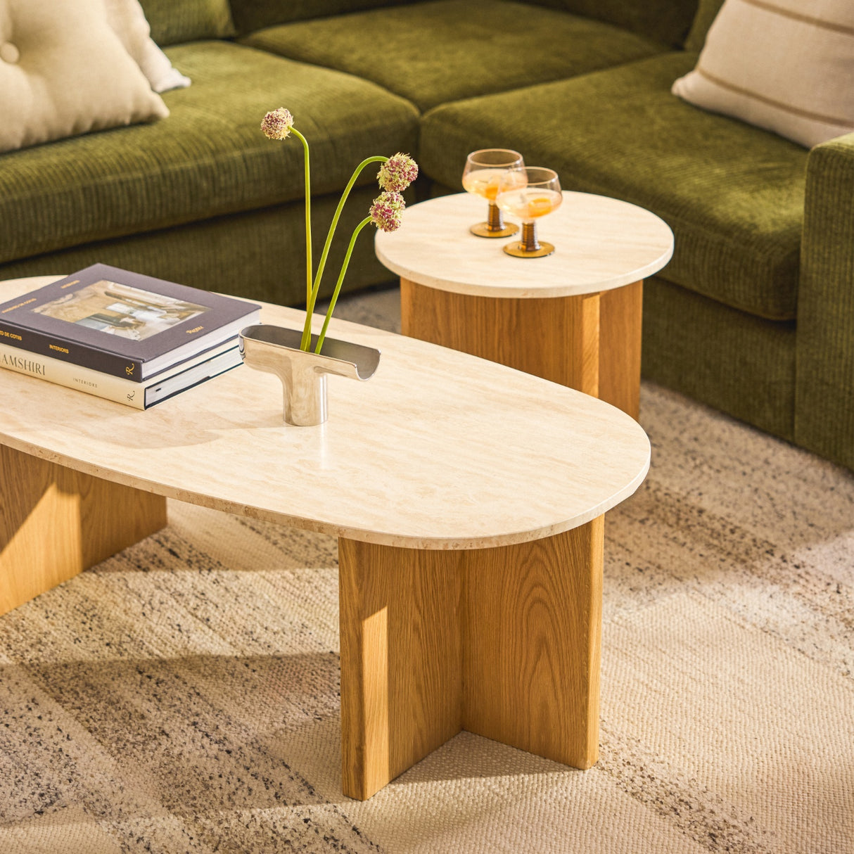 ARTICLE - Sporo 47.25" Travertine Coffee Table - Natural Oak