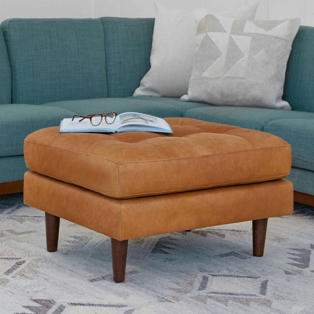 30" Tufted Leather Ottoman (Charme Tan) - Pull Up A Couch