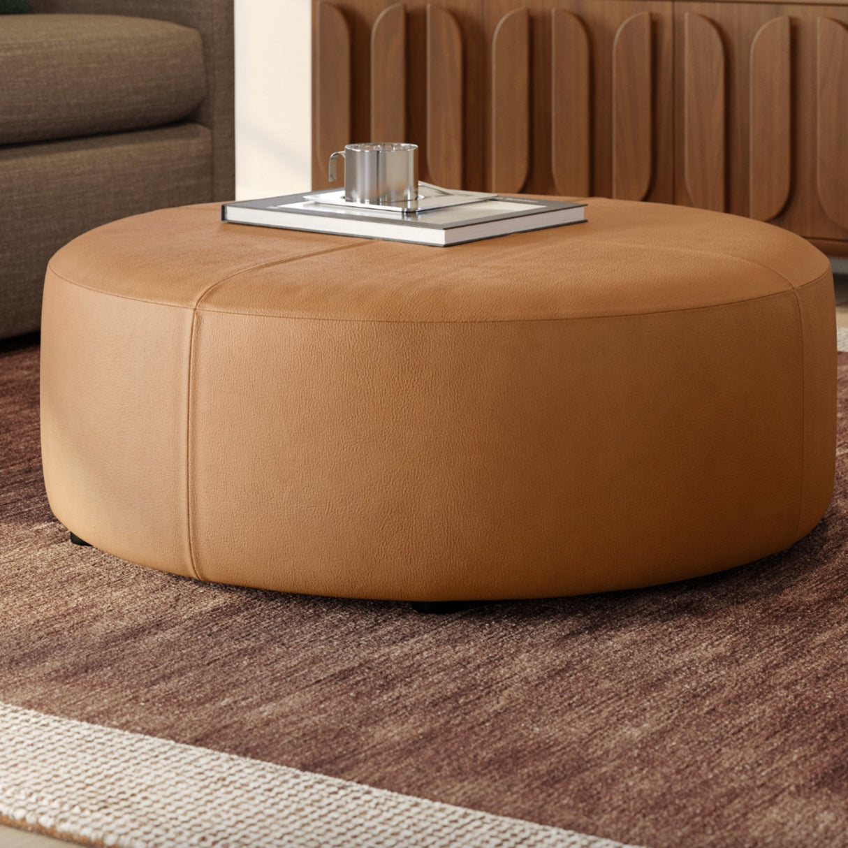 36" Round Leather Ottoman (Dakota Tan) - Pull Up A Couch