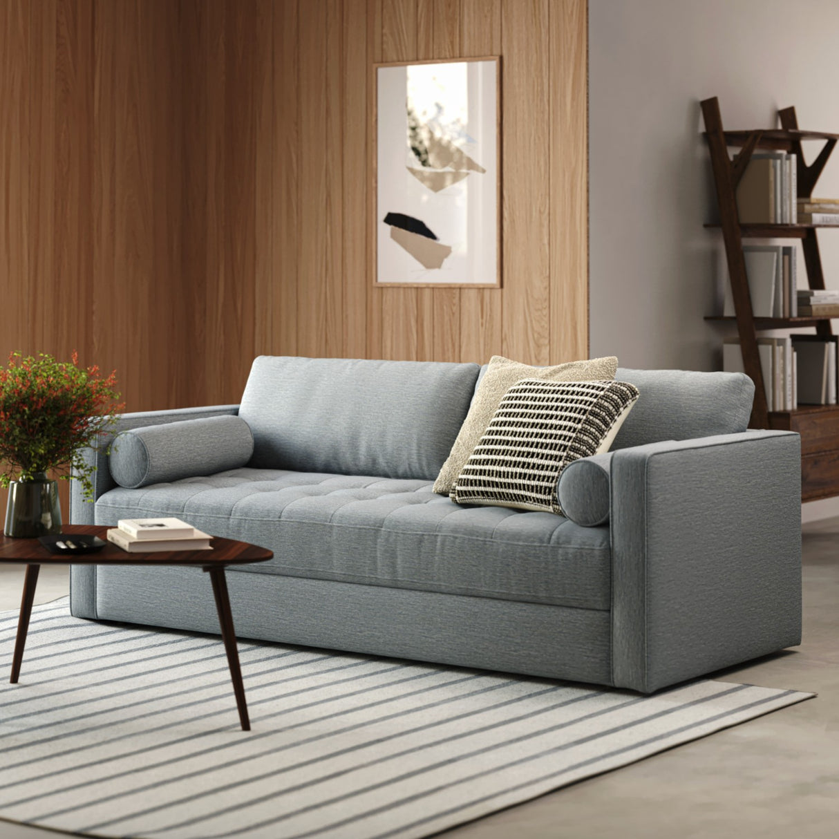 Article 88-inch MCM-style silver light blue sleeper sofa bed with modern design and plush cushions in a living room setting.