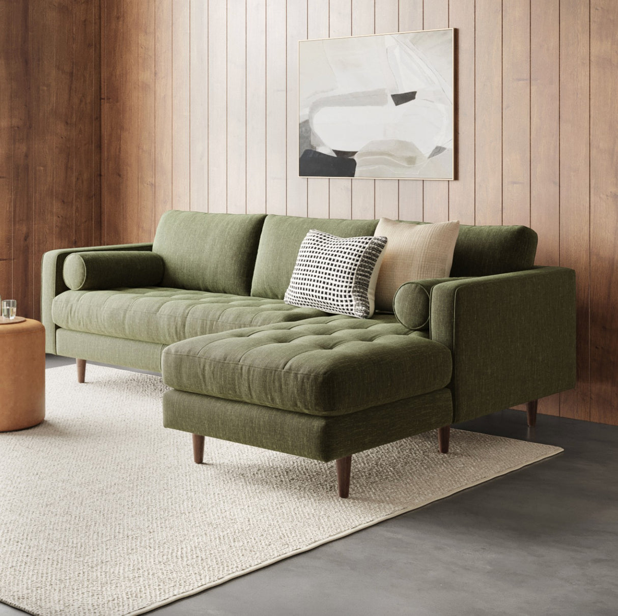 Tufted Sectional w/ Chaise + Ottoman (Fir Green)