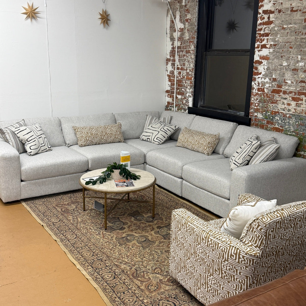 Fusion Barrington Modular Corner Sectional with five sections, featuring plush cushions and a modern design, arranged in a cozy living room setting.