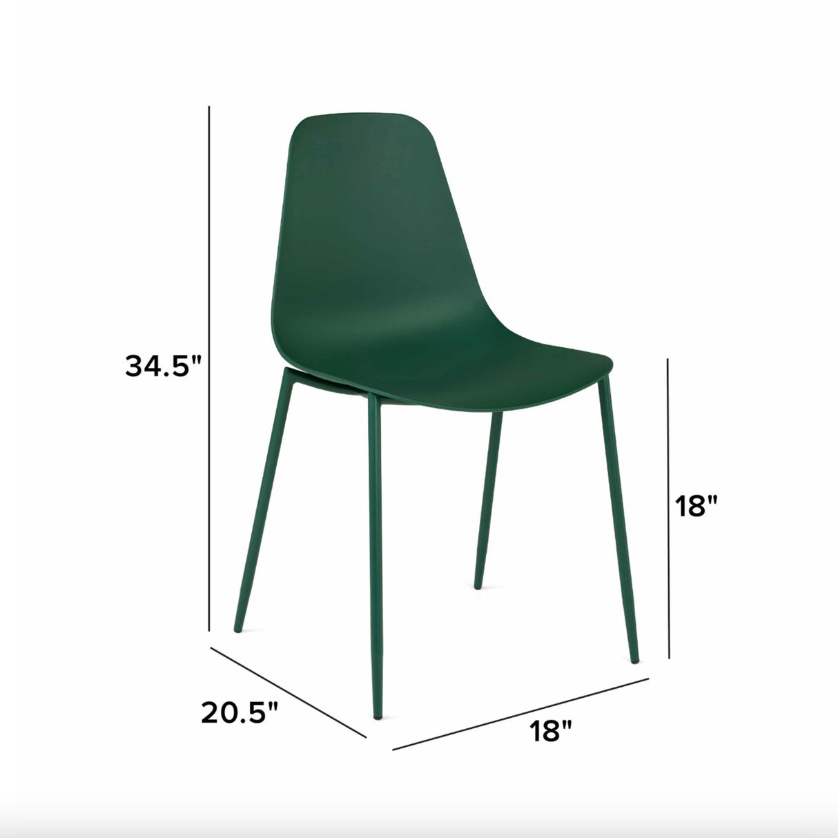 Woodland green MCM-style dining chair by Article with wooden legs and modern design, shown from side angle.
