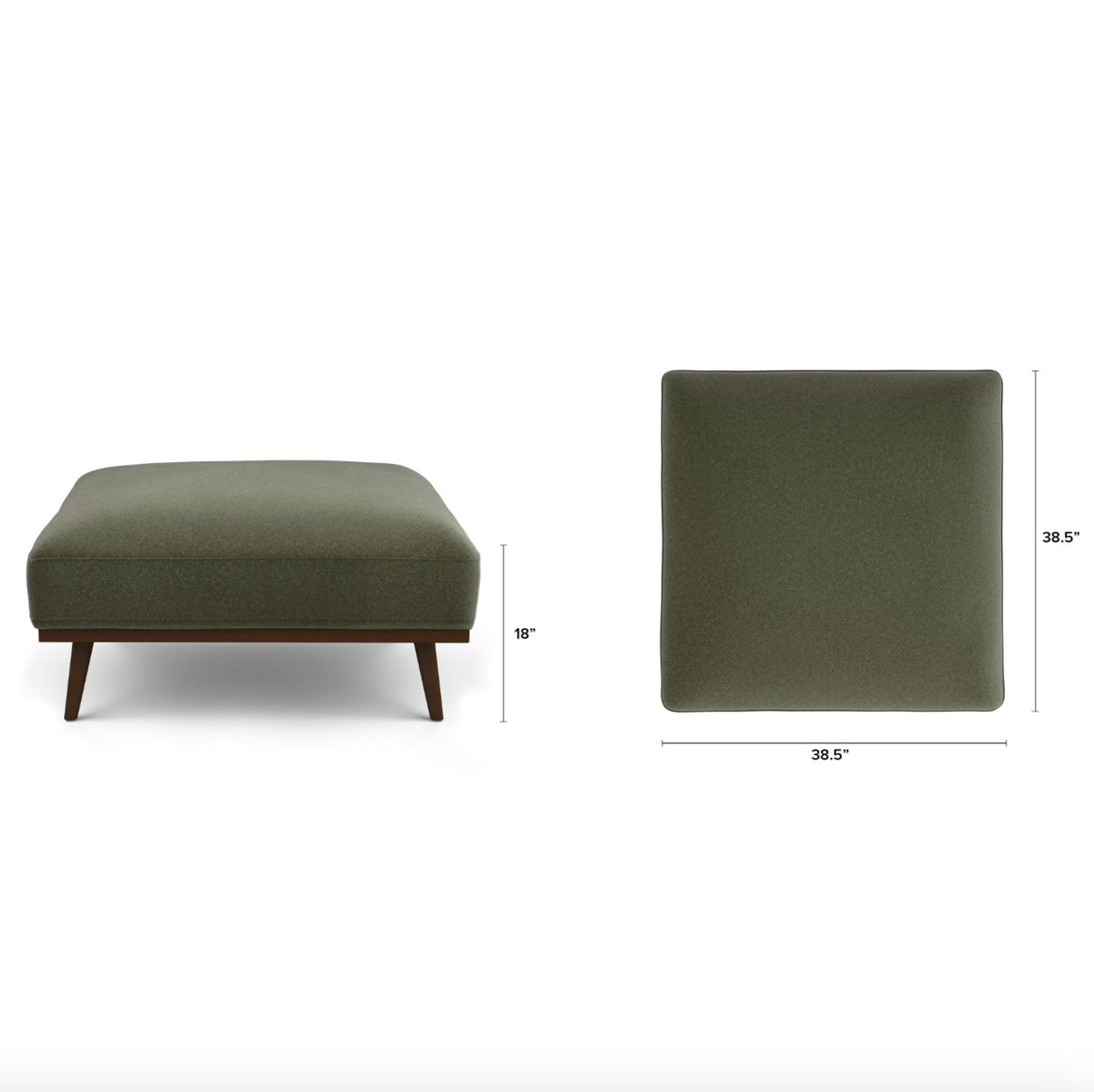 Felted green MCM-style square ottoman by Article with soft textured surface and sturdy wooden legs, modern accent piece.