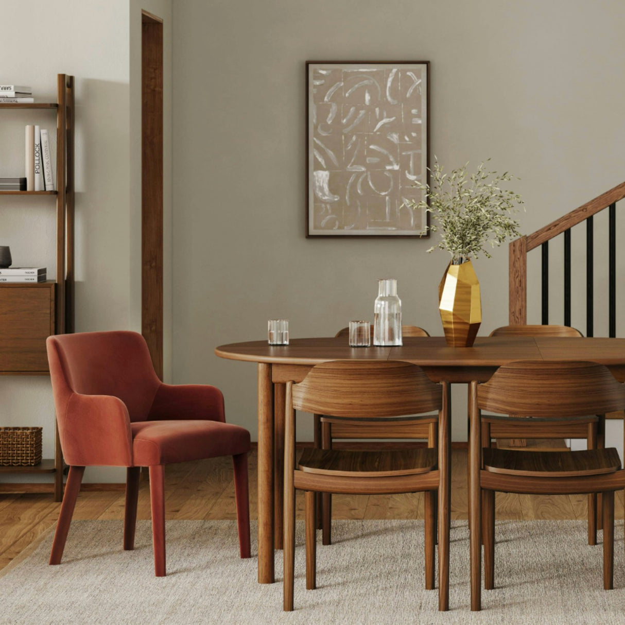 Velvet MCM-style armchair by Article in Hale Rust with plush upholstery and sleek wooden legs, mid-century modern design.