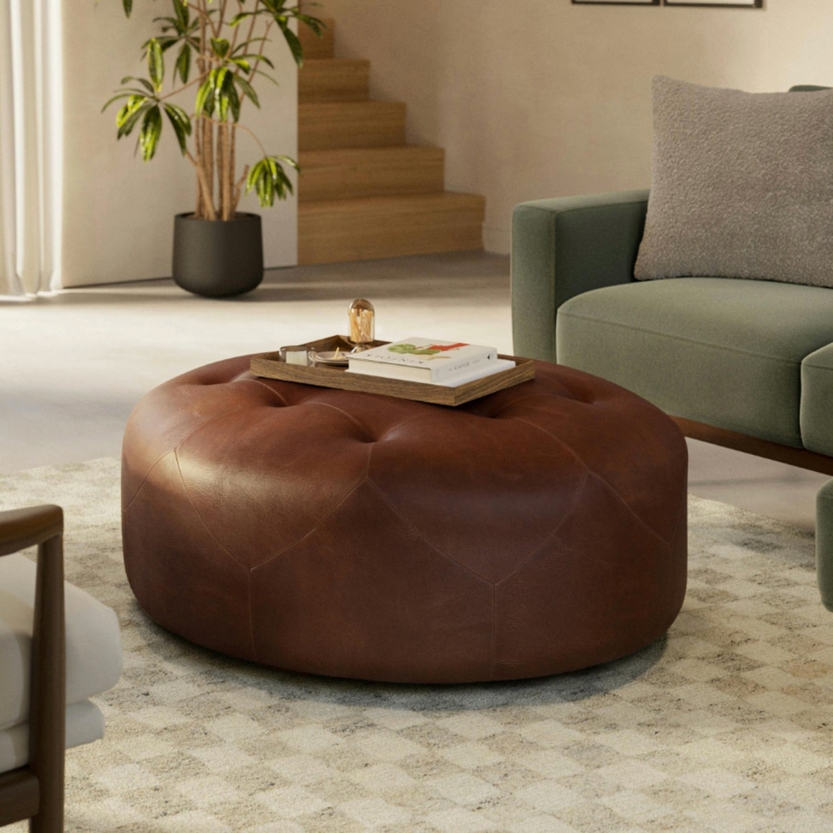 41" Tufted Leather Ottoman (Indiana Brown)