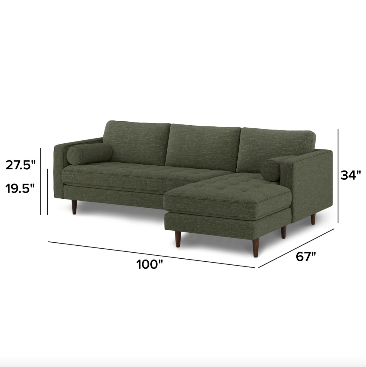 Tufted Sectional w/ Chaise + Ottoman (Fir Green)