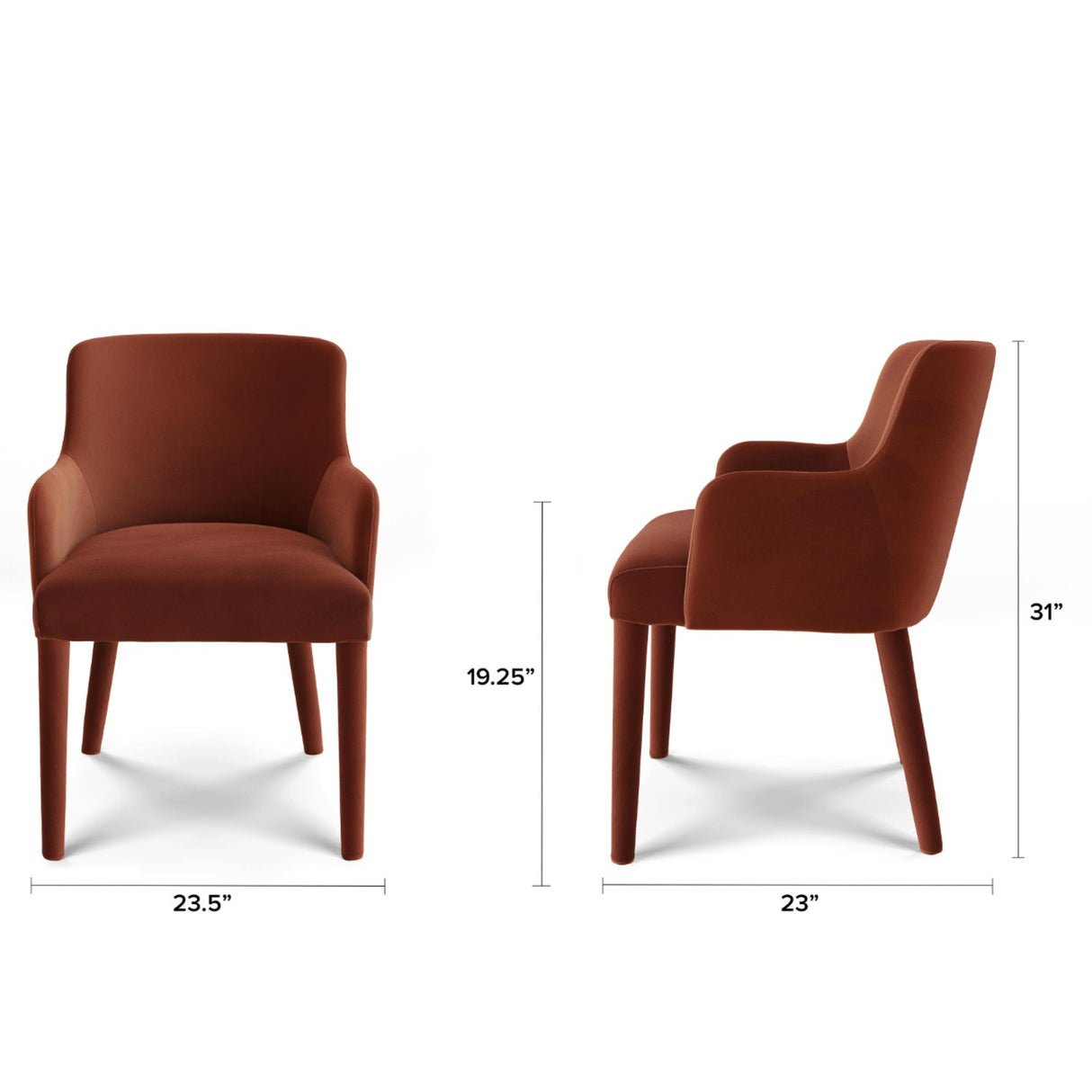 Velvet MCM-style armchair in rust color by Article, featuring a sleek mid-century modern design with plush upholstery.