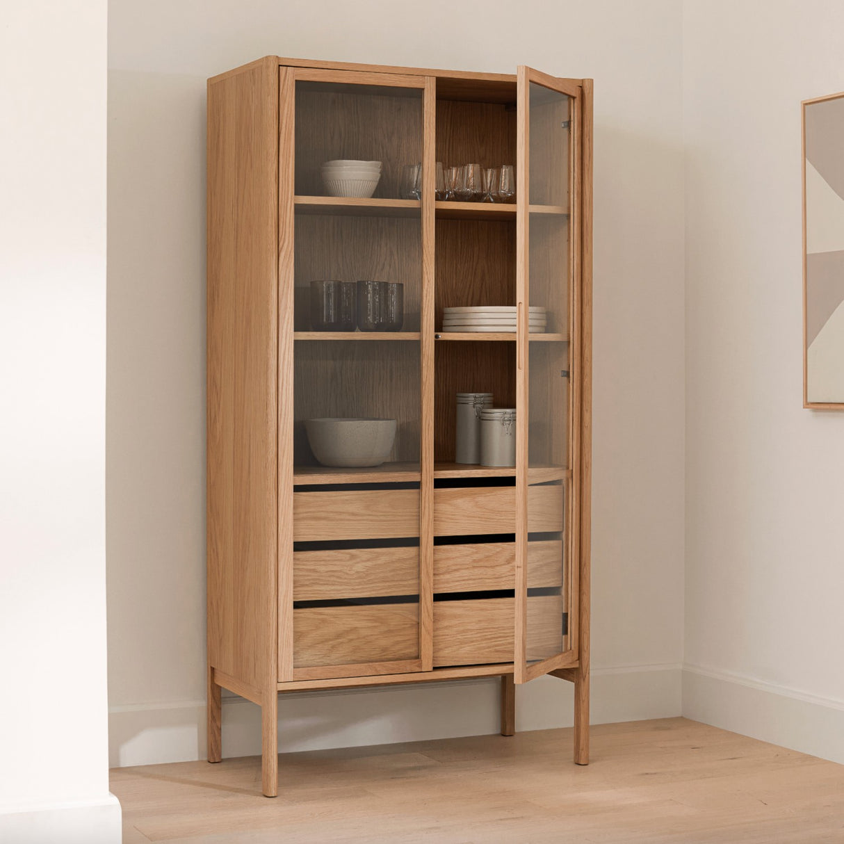 35.5" Wide MCM Glass Cabinet (Natural Oak)