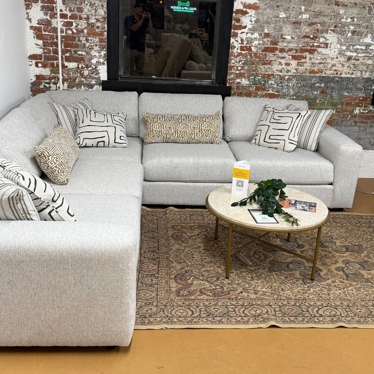 Fusion Barrington Modular Corner Sectional, five-piece fabric sofa with plush cushions and modern design, shown in a stylish living room setting.