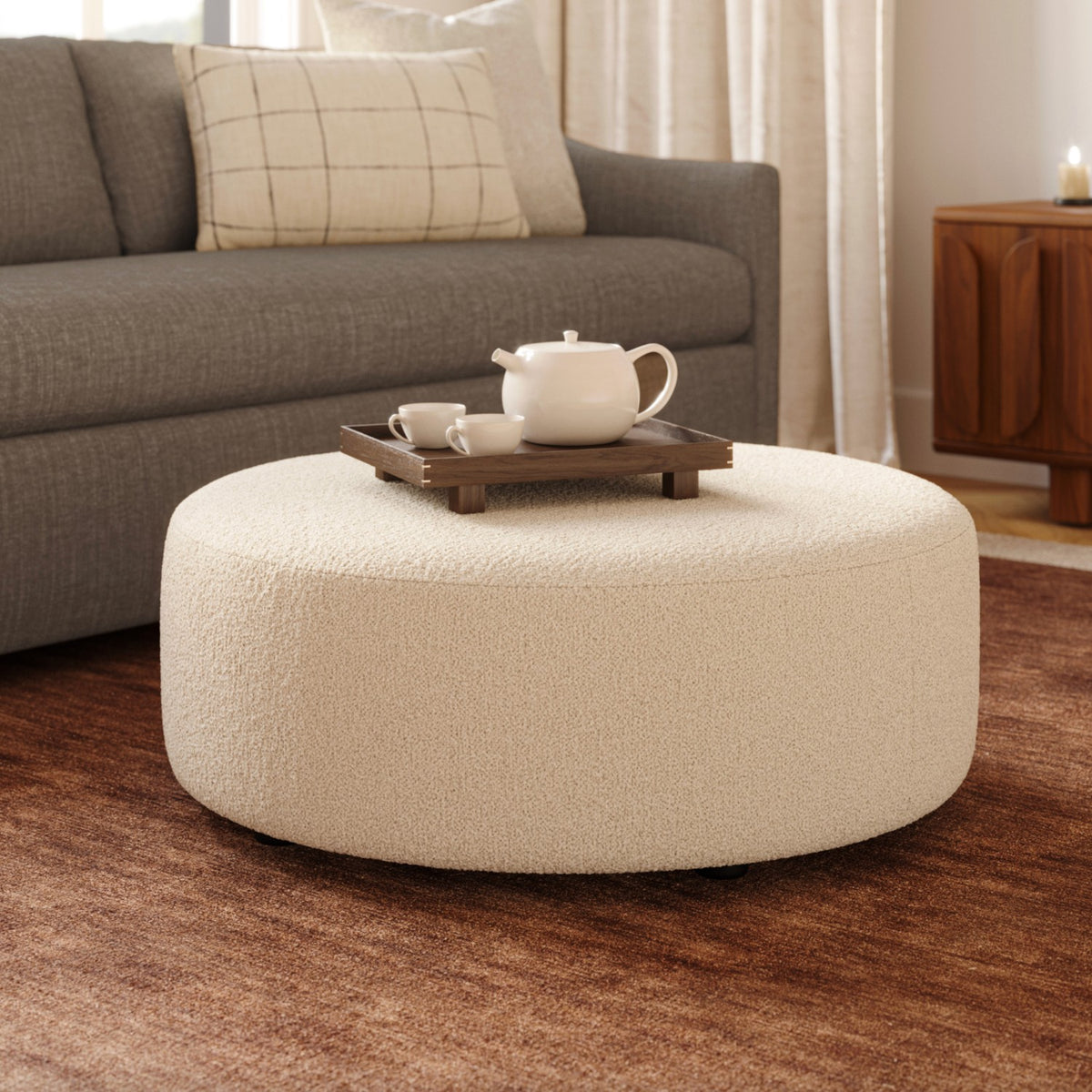 MCM-Style Round Ottoman (Ivory Wool Bouclé)
