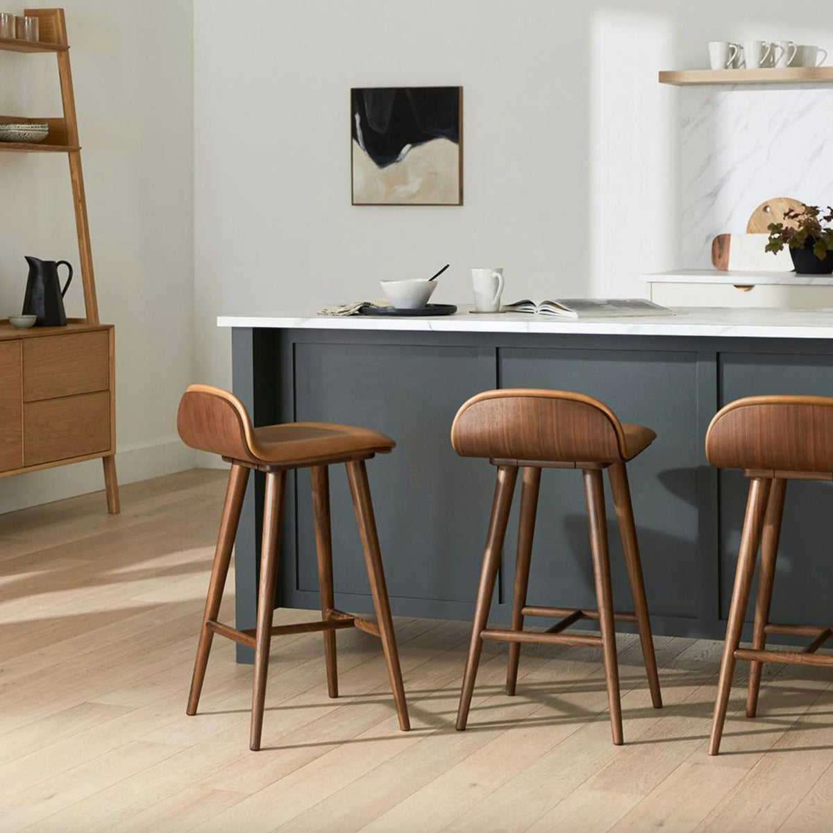 MCM-Style Leather Counter Stool (Tan/Walnut)