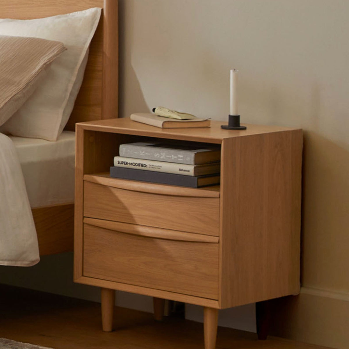 White Oak MCM-Style Nightstand (2-Drawer)