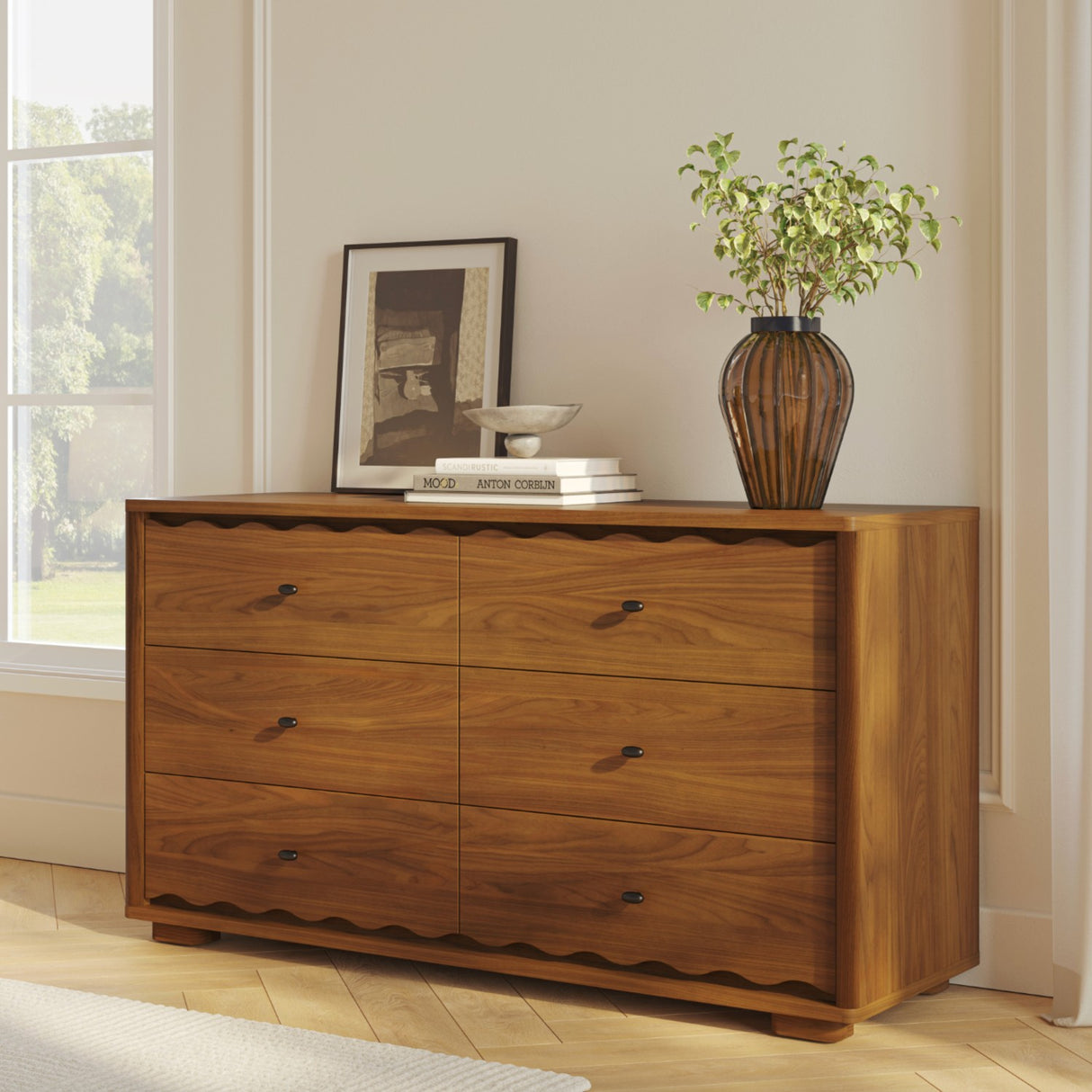 Walnut 6-drawer MCM double dresser by Article with sleek modern design and wood grain finish, featuring silver handles.