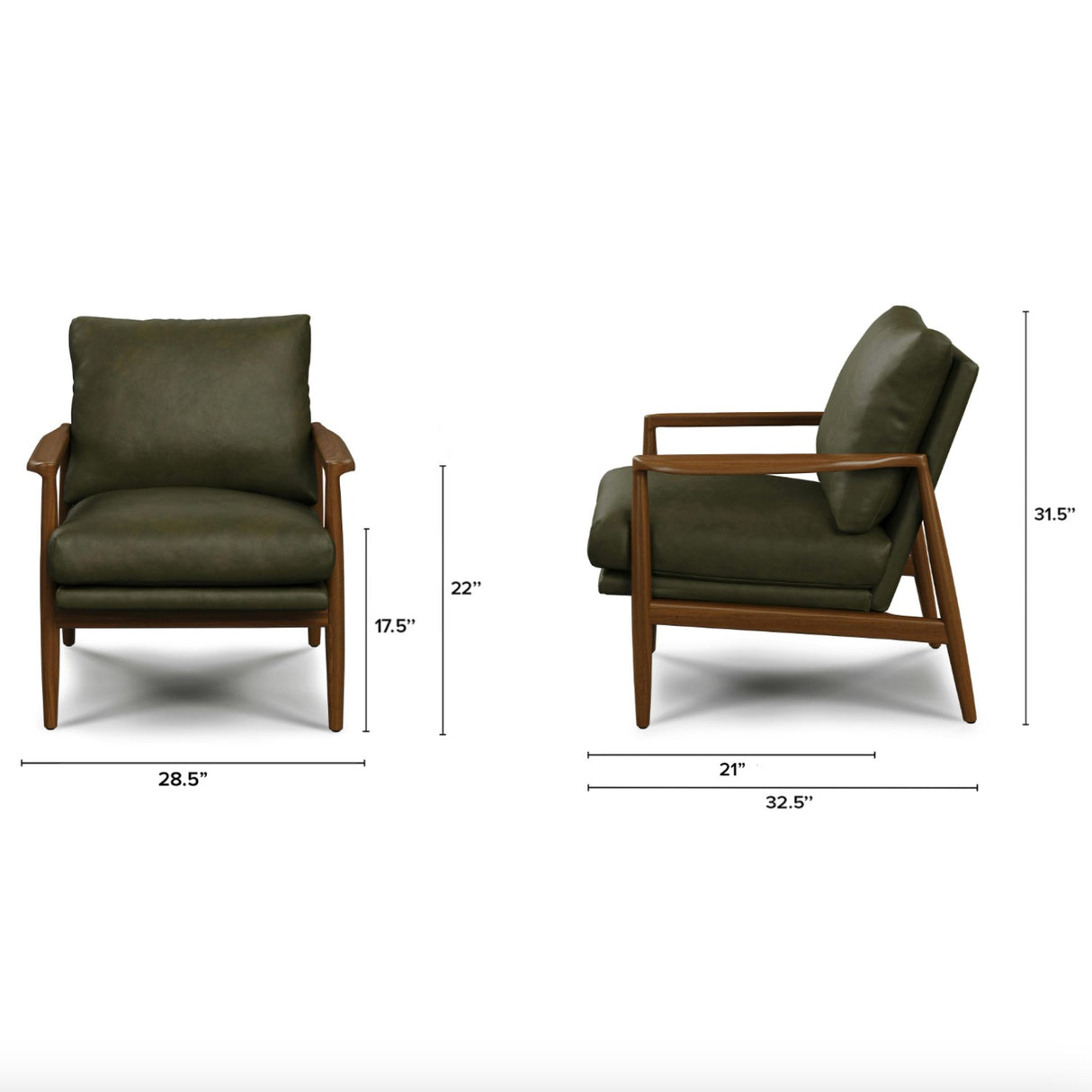 Leather MCM Chair by Article in Charme Green, featuring a modern design with plush cushioning and sleek wooden legs.