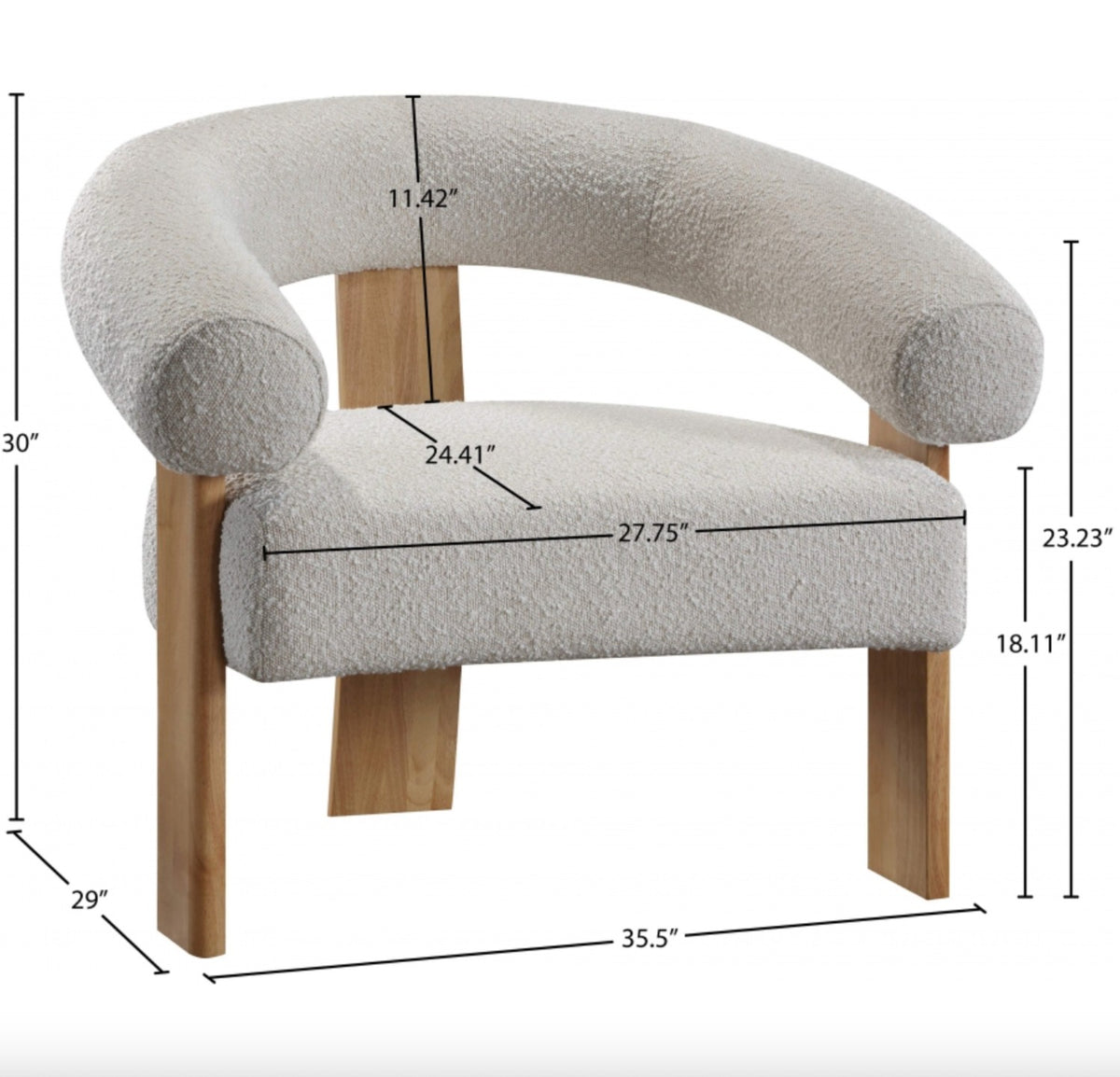 Meridian Winston MCM Lounge Chair in bouclé fabric, modern accent chair with curved wooden legs and plush upholstery.