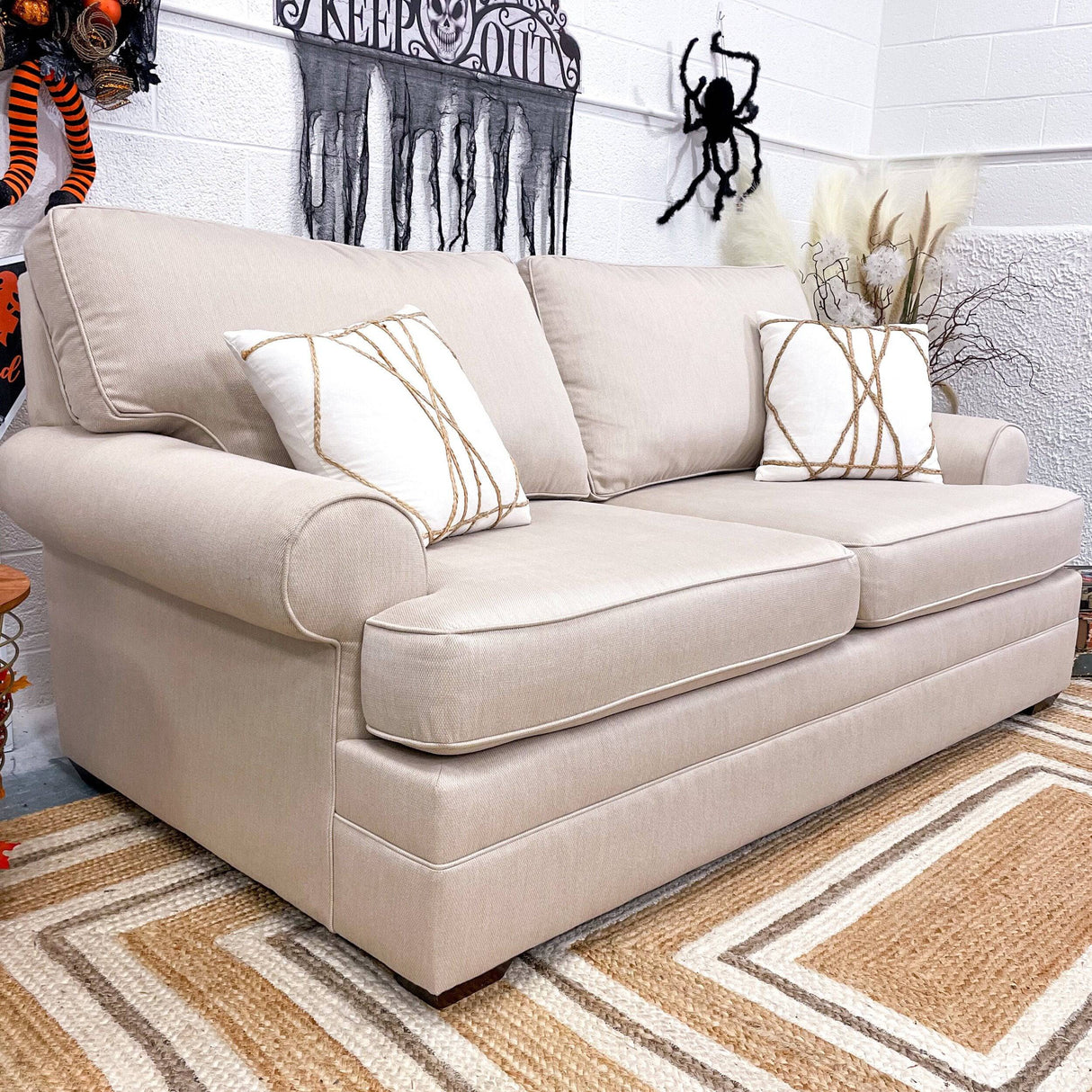 Custom Kincaid 80โ Beige Sofa - Pull Up A Couch