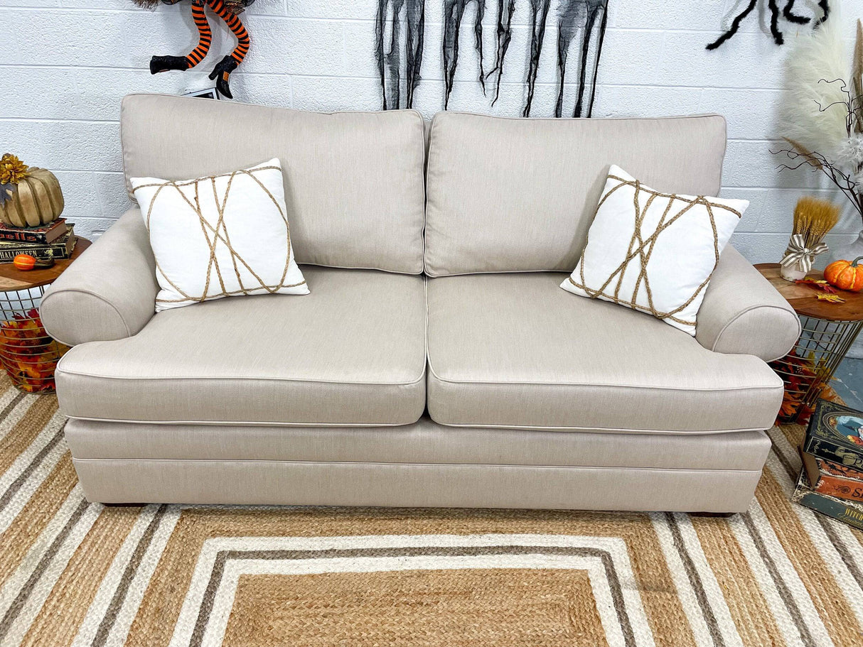 Custom Kincaid 80โ Beige Sofa - Pull Up A Couch