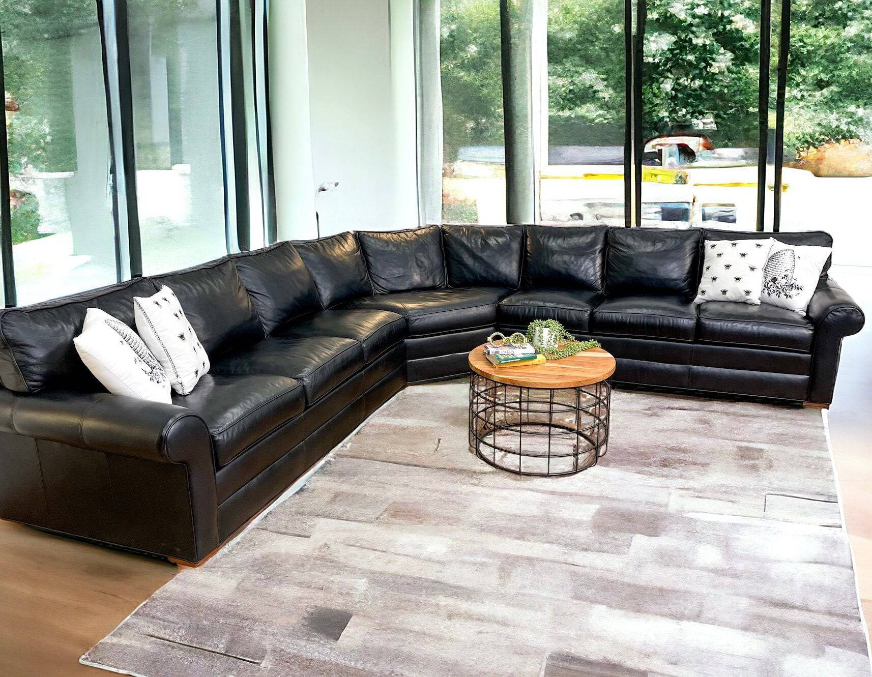 Ethan Allen Spencer 3pc Real Leather Sectional w/Wedge, 7 seats