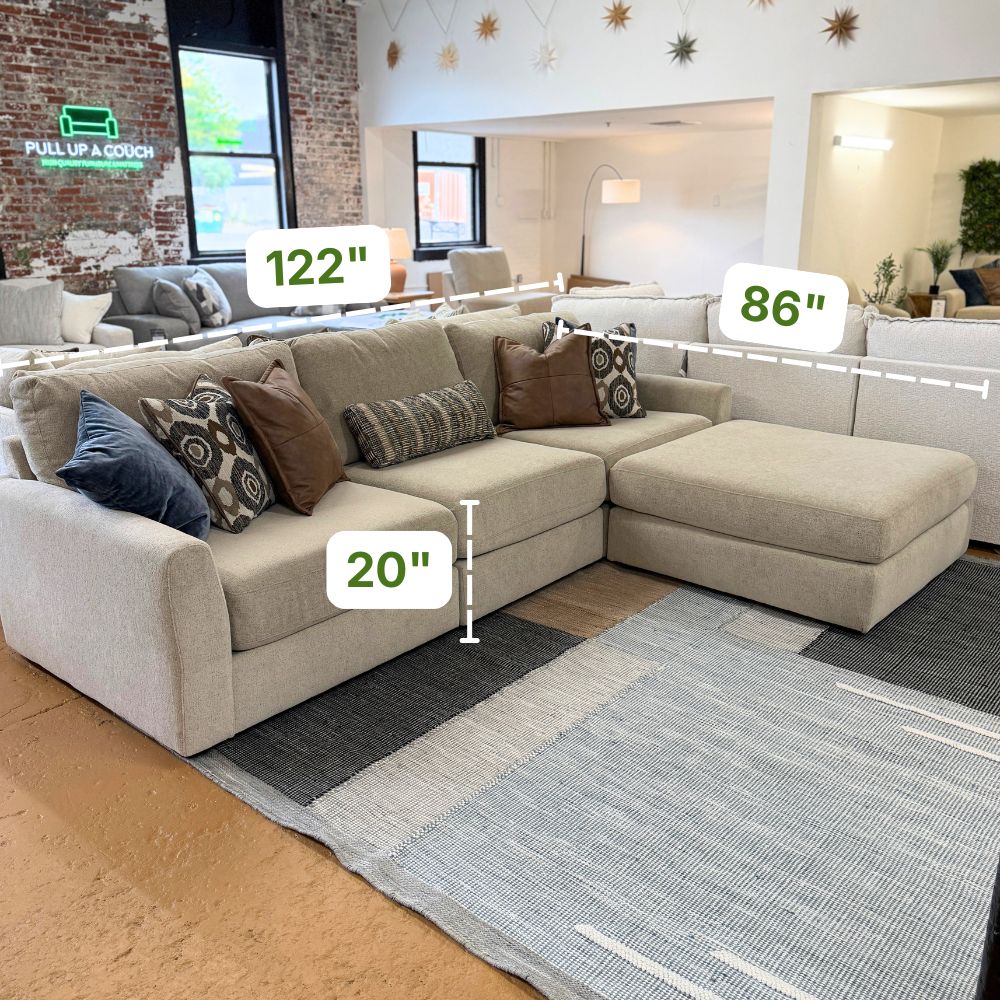 Behold Home Sequoia sectional with chaise, three-piece sofa set and ottoman, featuring plush cushions and modern design.
