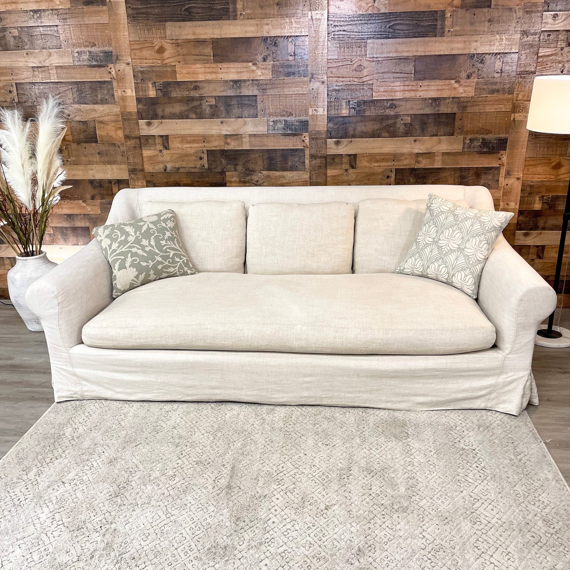 Restoration Hardware 8ft Luxe Slip Cover Bench Sofa w/Belgian Linen - Pull Up A Couch