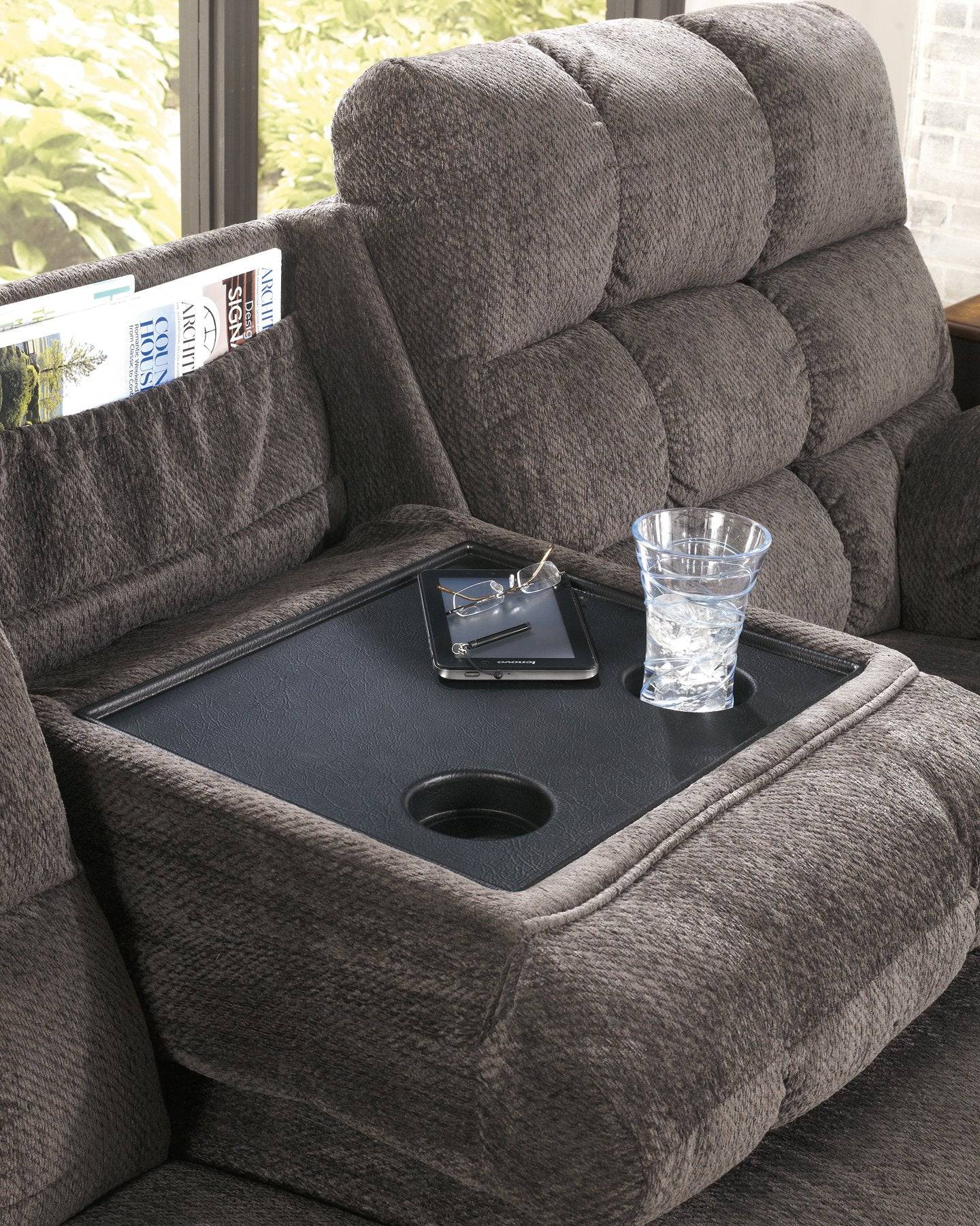 Acieona Reclining Sofa with Drop Down Table - Pull Up A Couch