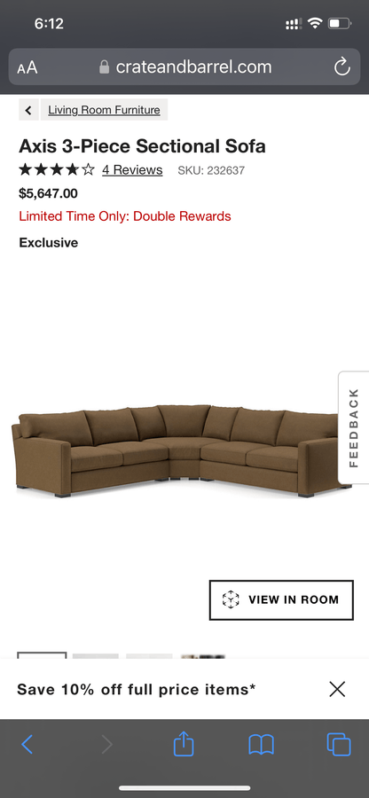 Crate & Barrel Axis3, 3pc Sectional w/Wedge - Pull Up A Couch