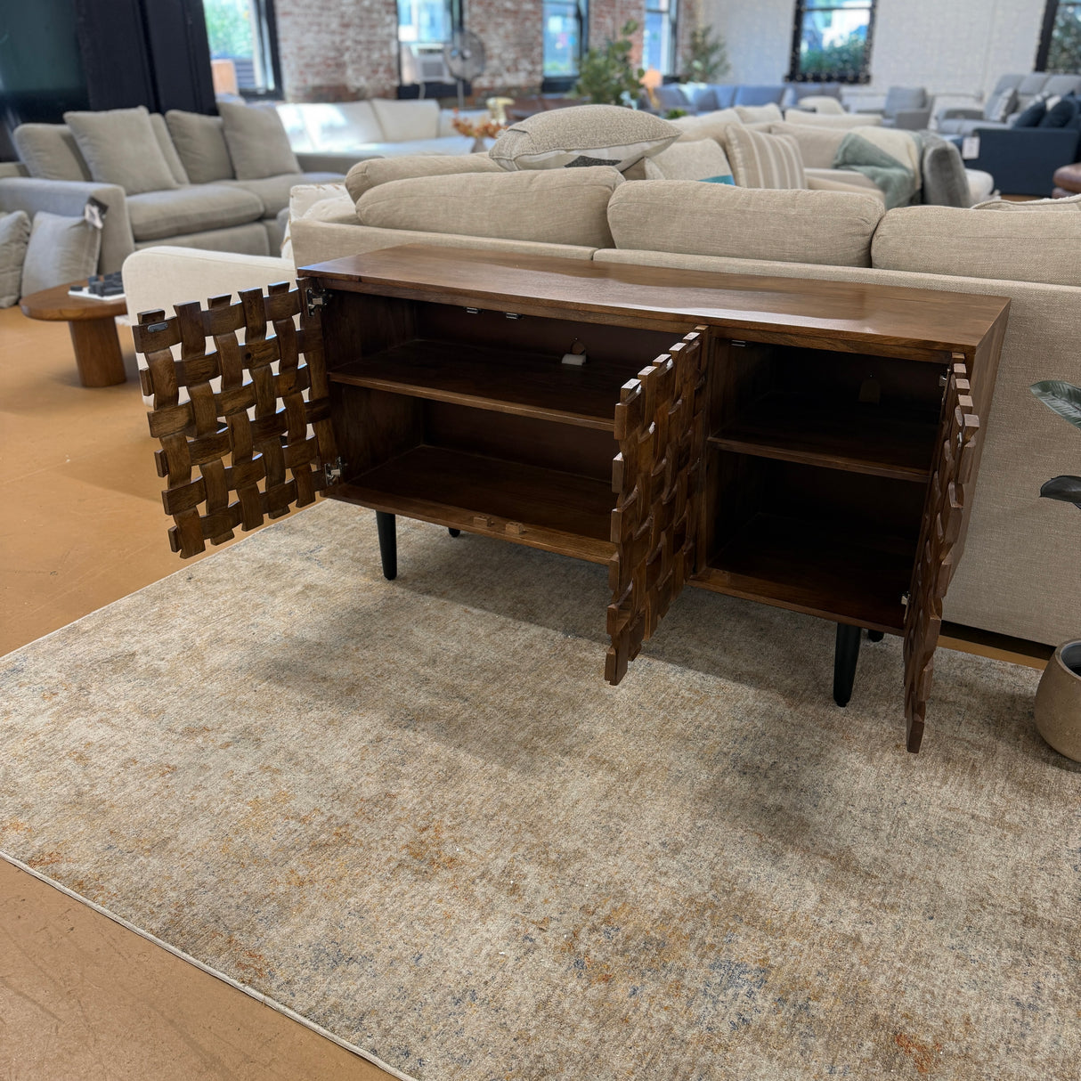 Pull Up A Couch Dayton accent cabinet with wood finish, featuring storage doors and modern design, ideal for living room decor.
