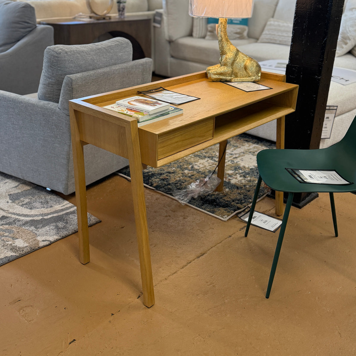 Natural oak MCM desk with storage, 43.5-inch wooden desk by Article featuring clean lines and built-in compartments.