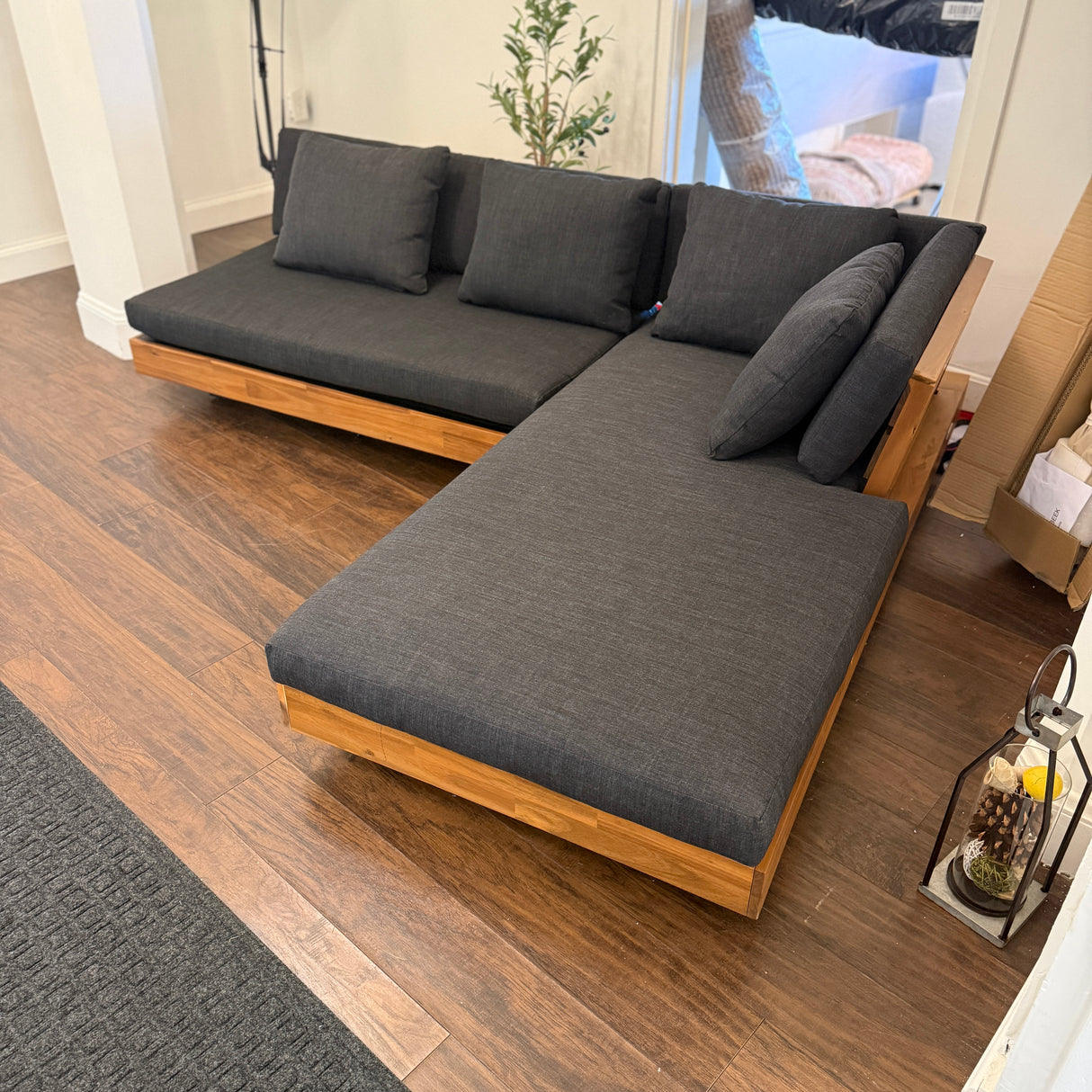 Right-facing outdoor sectional sofa in slate gray, outdoor seating by Article, with plush cushions and modern design.