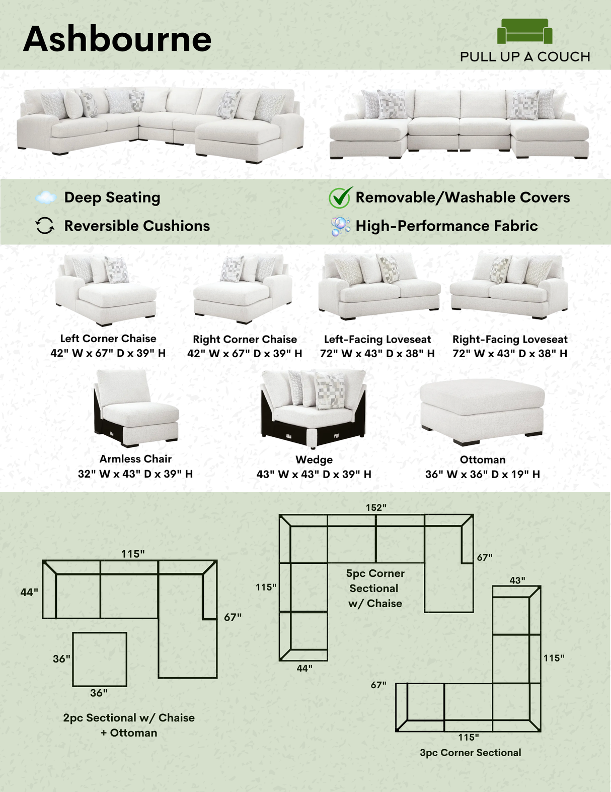 Ashbourne corner sectional sofa with chaise by Ashley Furniture, showing the front view with plush cushions and modern design.