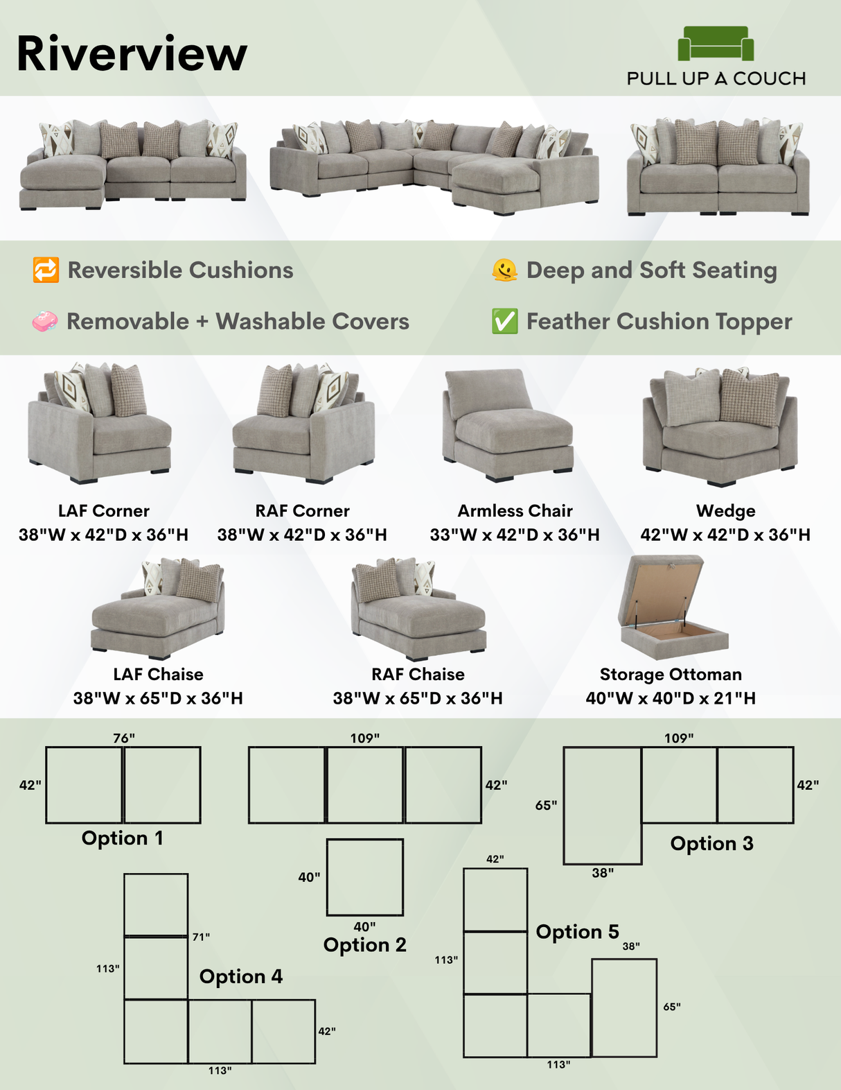 Ashley Furniture Riverview sectional sofa with chaise, showing the stylish fabric and modern design from the front view.