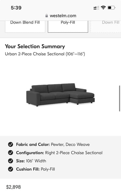 West Elm Urban 2pc Sectional w/Chaise - Pull Up A Couch