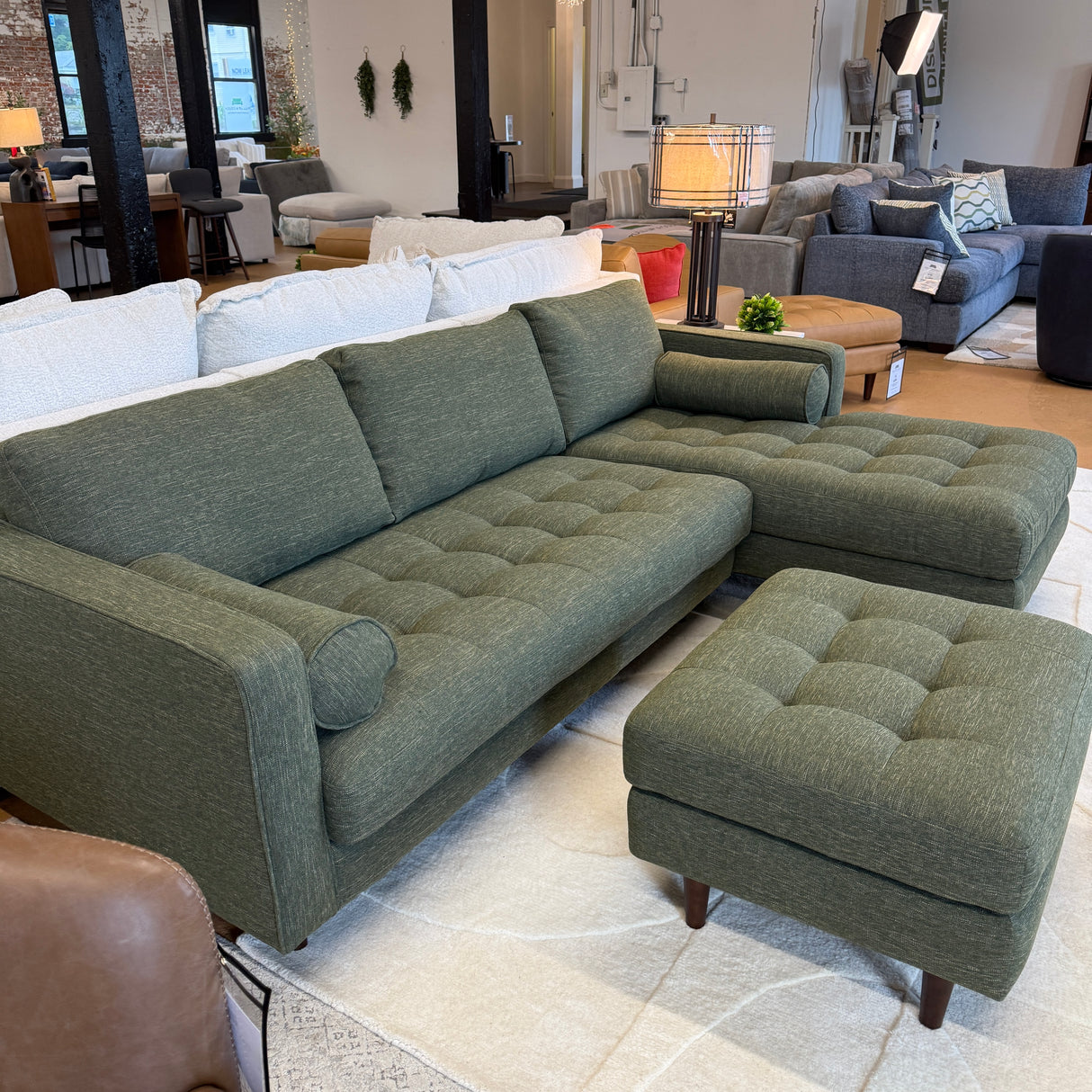 Tufted Sectional w/ Chaise + Ottoman (Fir Green)
