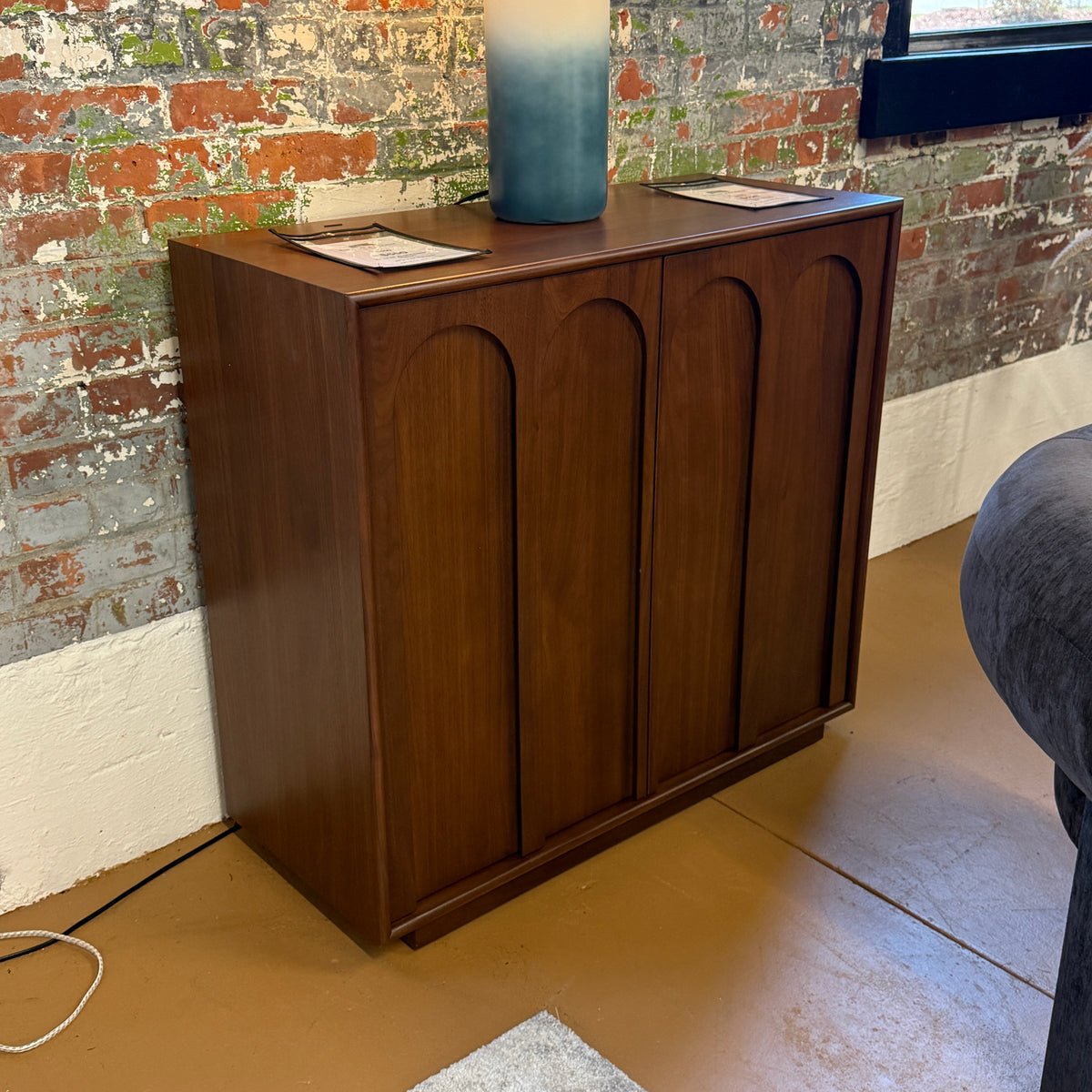 Article 37-inch walnut MCM cabinet with storage, featuring sleek design and multiple compartments for organization.