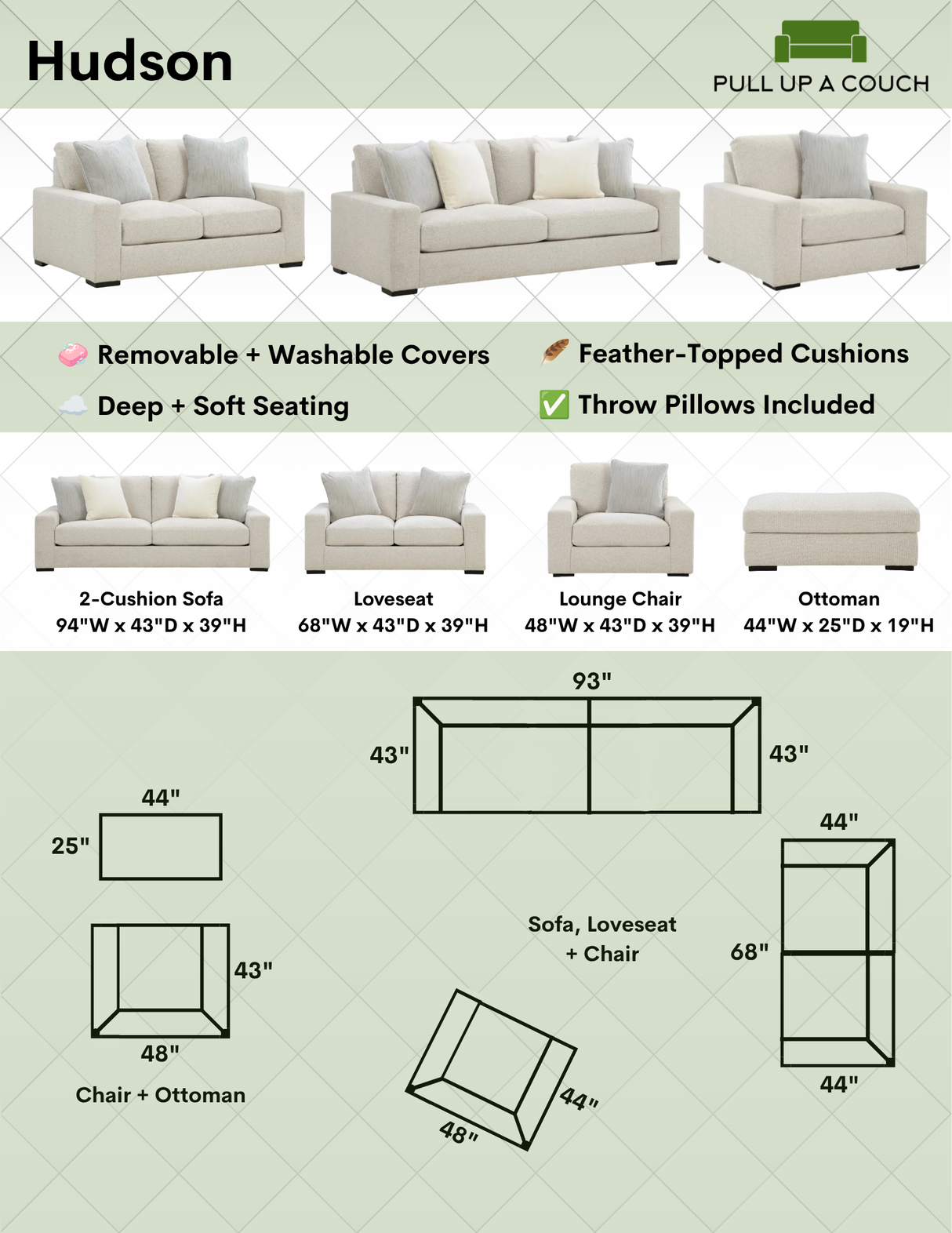 Ashley Furniture Hudson sofa with plush cushions and modern design, shown from the front in this image.