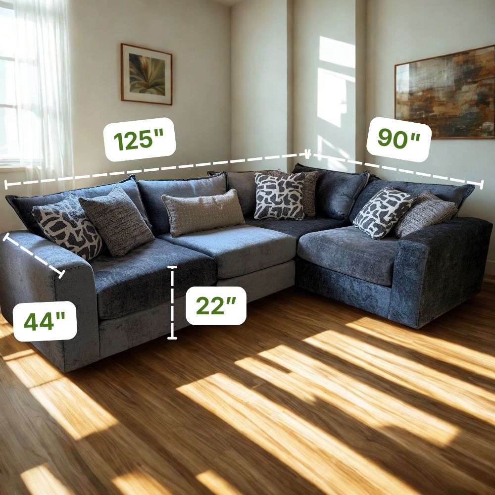 Fusion Barrington 4-piece corner sectional sofa with plush cushions and modern design, shown in a cozy living room setting.