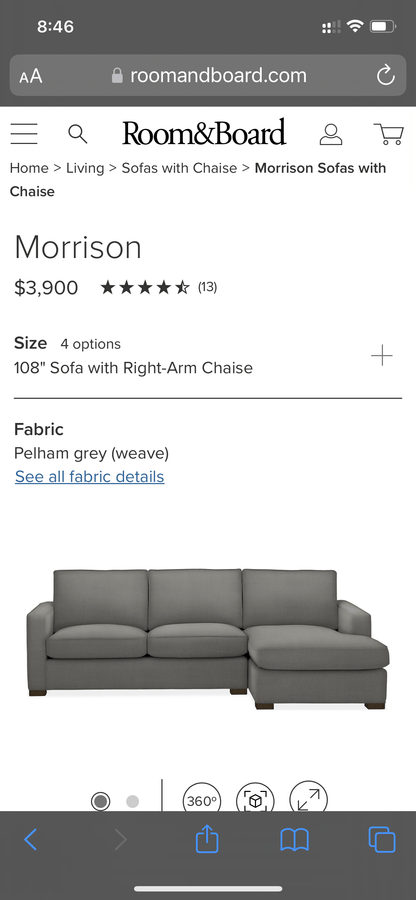 Room & Board 2pc Morrison Sectional w/Chaise - Pull Up A Couch