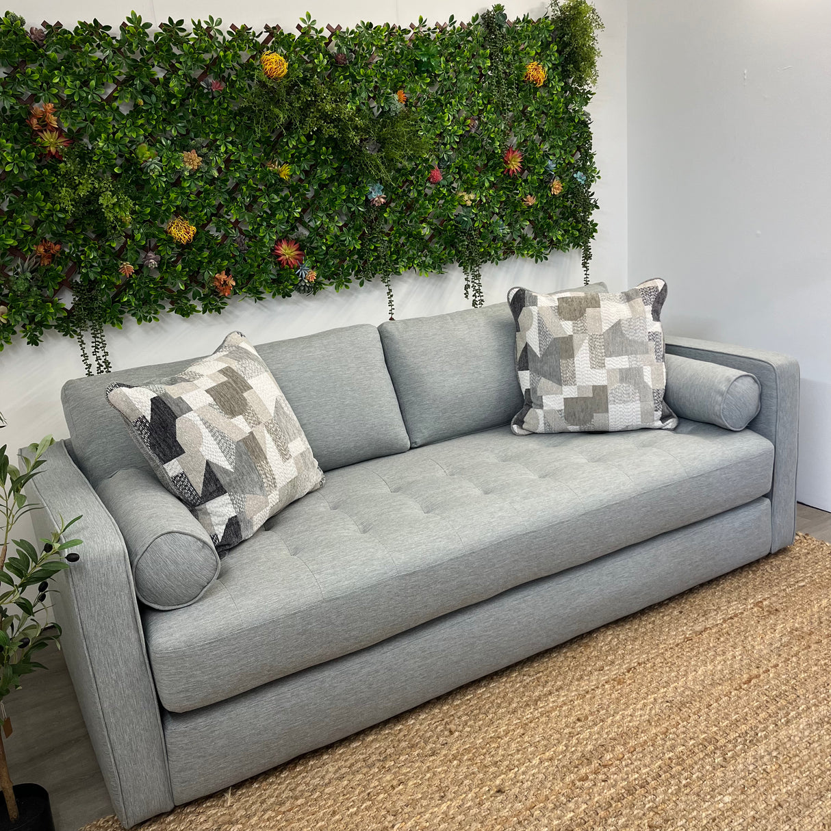Silver light blue 88-inch MCM-style Sven sofa bed sleeper by Article, showcasing its sleek modern design and comfortable seating.