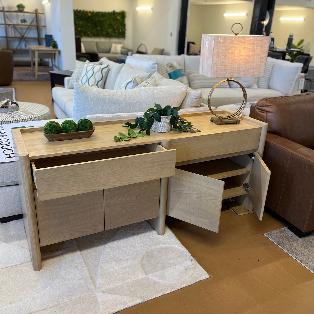 White oak MCM-style 70-inch sideboard by Article with sleek design and modern wood finish.
