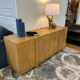 Natural oak MCM-style sideboard, 66-inch length, modern wooden storage furniture by Article with sleek design and minimalist look.