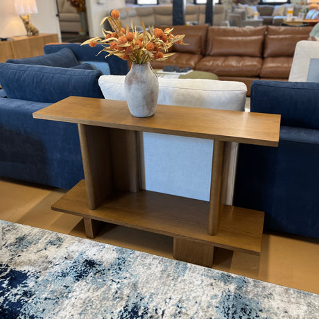 Smoked oak 48-inch MCM console table by Article with sleek modern design and tapered legs, perfect for entryways or living rooms.