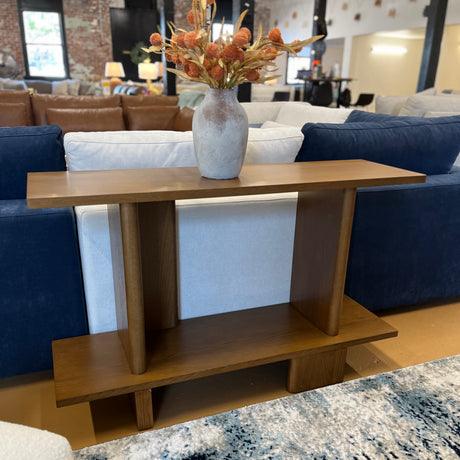 Smoked oak 48-inch MCM console table by Article featuring sleek modern design and clean lines for entryway or living room decor.