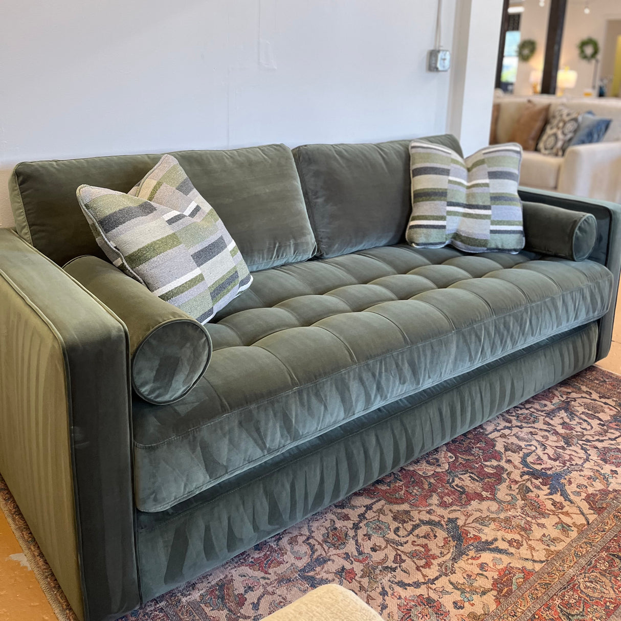 Velvet Sven sofa bed in Pacific Green by Article, showing the sleeper sofa with plush velvet upholstery and modern design.