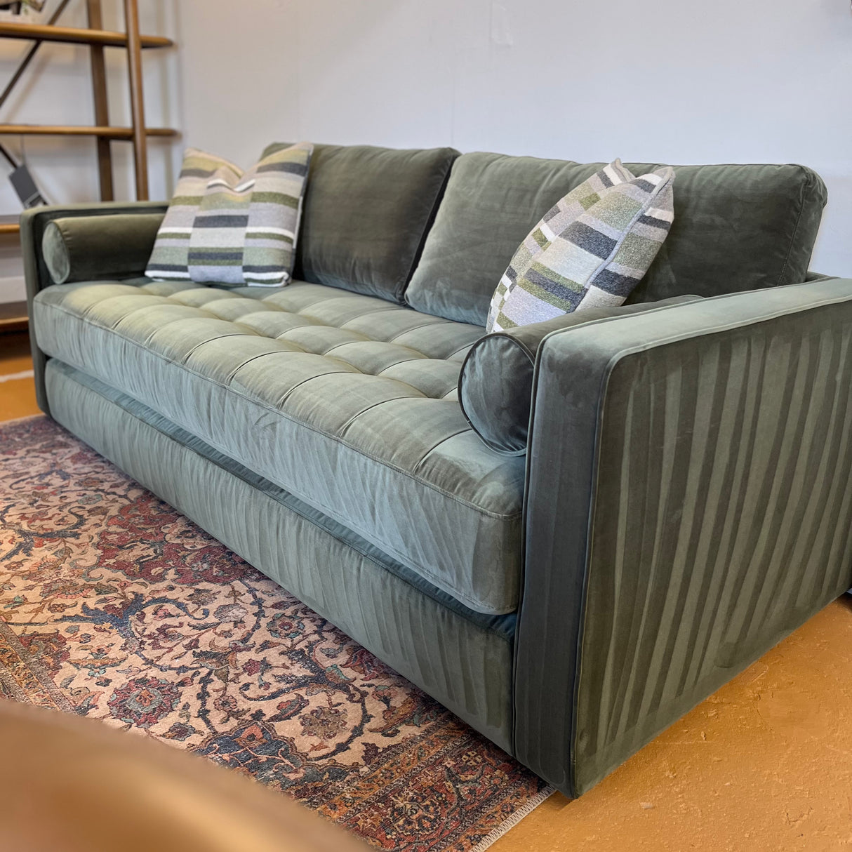 Velvet Sven sofa bed in Pacific Green, a stylish sleeper sofa with plush velvet upholstery and modern design.