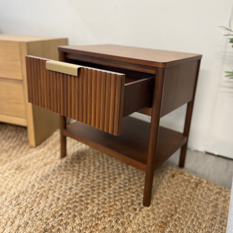 Walnut MCM-style nightstand with storage drawer and open shelf, designed by Article, showcasing sleek modern furniture for bedroom decor.