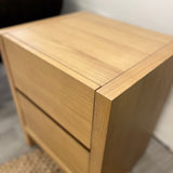 White oak 2-drawer MCM nightstand by Article with sleek modern design and natural wood finish.