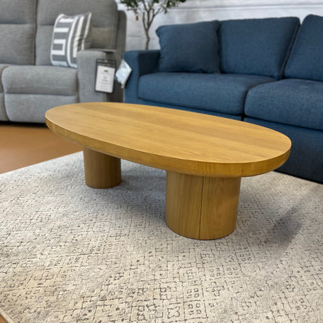 Oak MCM-style 46-inch coffee table by Article with sleek mid-century modern design and smooth wooden finish.