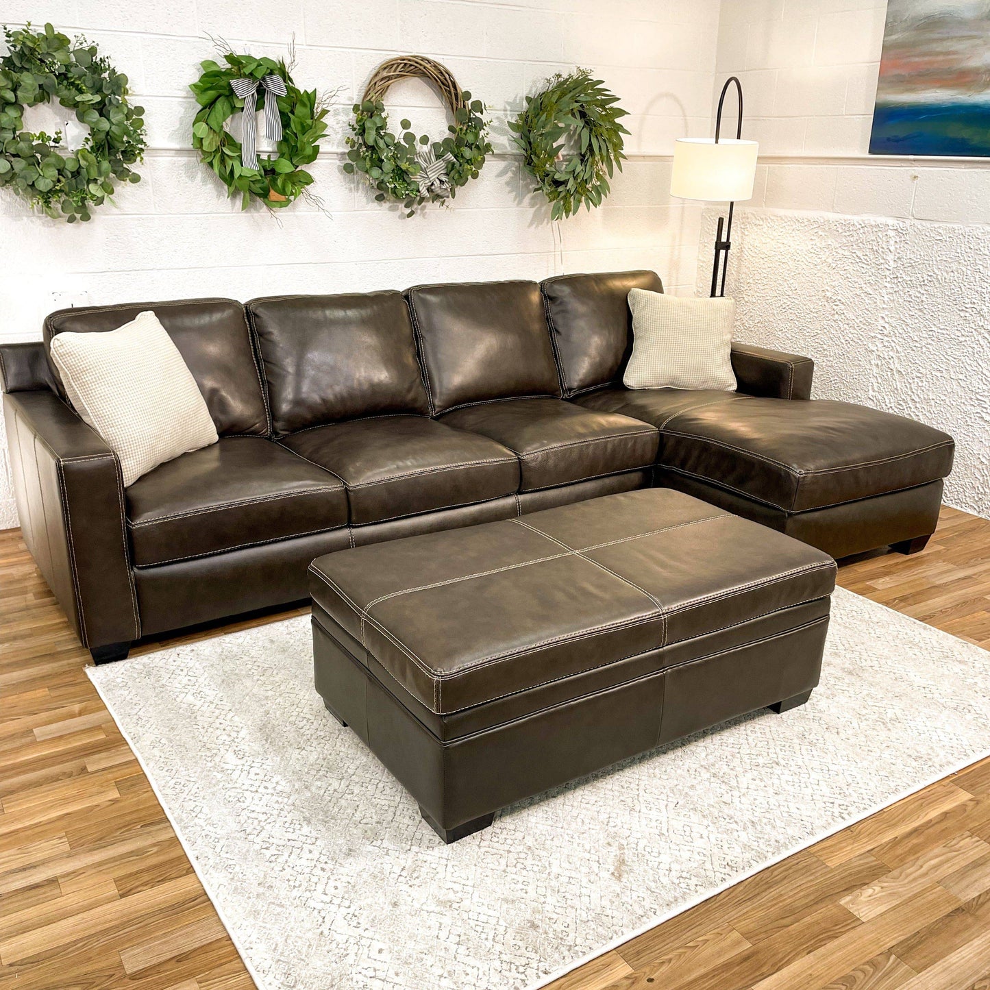 Raymour & Flannigan Real Leather 2pc Sectional with Sleeper, Chaise & Storage Ottoman - Pull Up A Couch