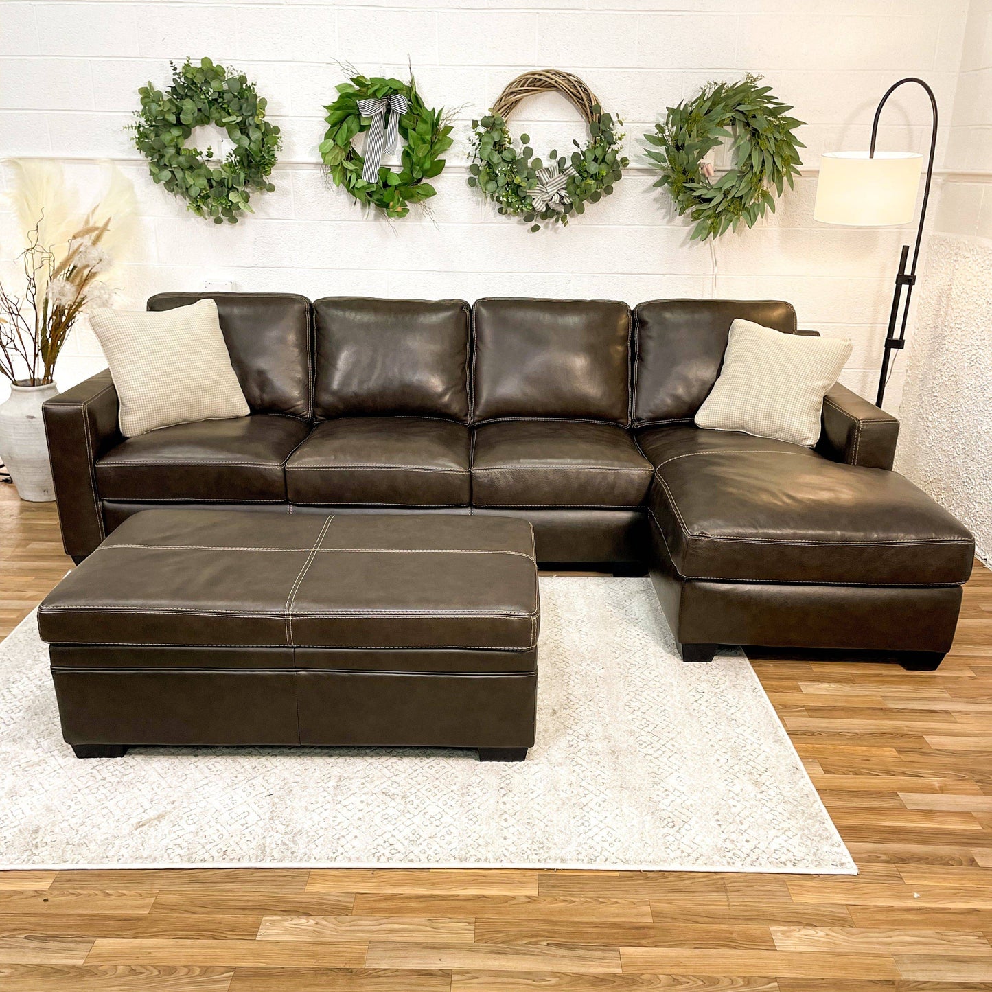 Raymour & Flannigan Real Leather 2pc Sectional with Sleeper, Chaise & Storage Ottoman - Pull Up A Couch